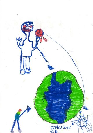 A drawing of a figure standing on a green and blue Earth, a second figure below. Bogotá, Colombia, 2011.