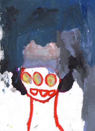 A drawing of a figure with three round eyes and a red mouth under a dark blue sky. Indonesia, 2012.