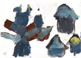 A drawing of blue-grey painted shapes: a figure with raised arms and three houses. Indonesia, 2012.