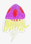 A purple mushroom-shaped alien with red eyes, dangling yellow tentacles and a lightning bolt.