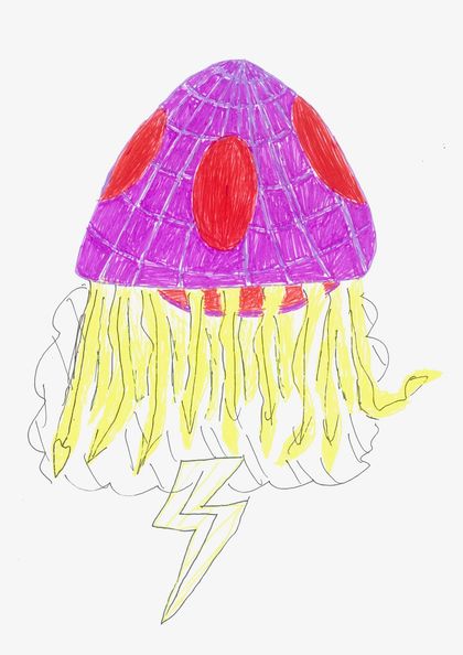 A purple mushroom-shaped alien with red eyes, dangling yellow tentacles and a lightning bolt.