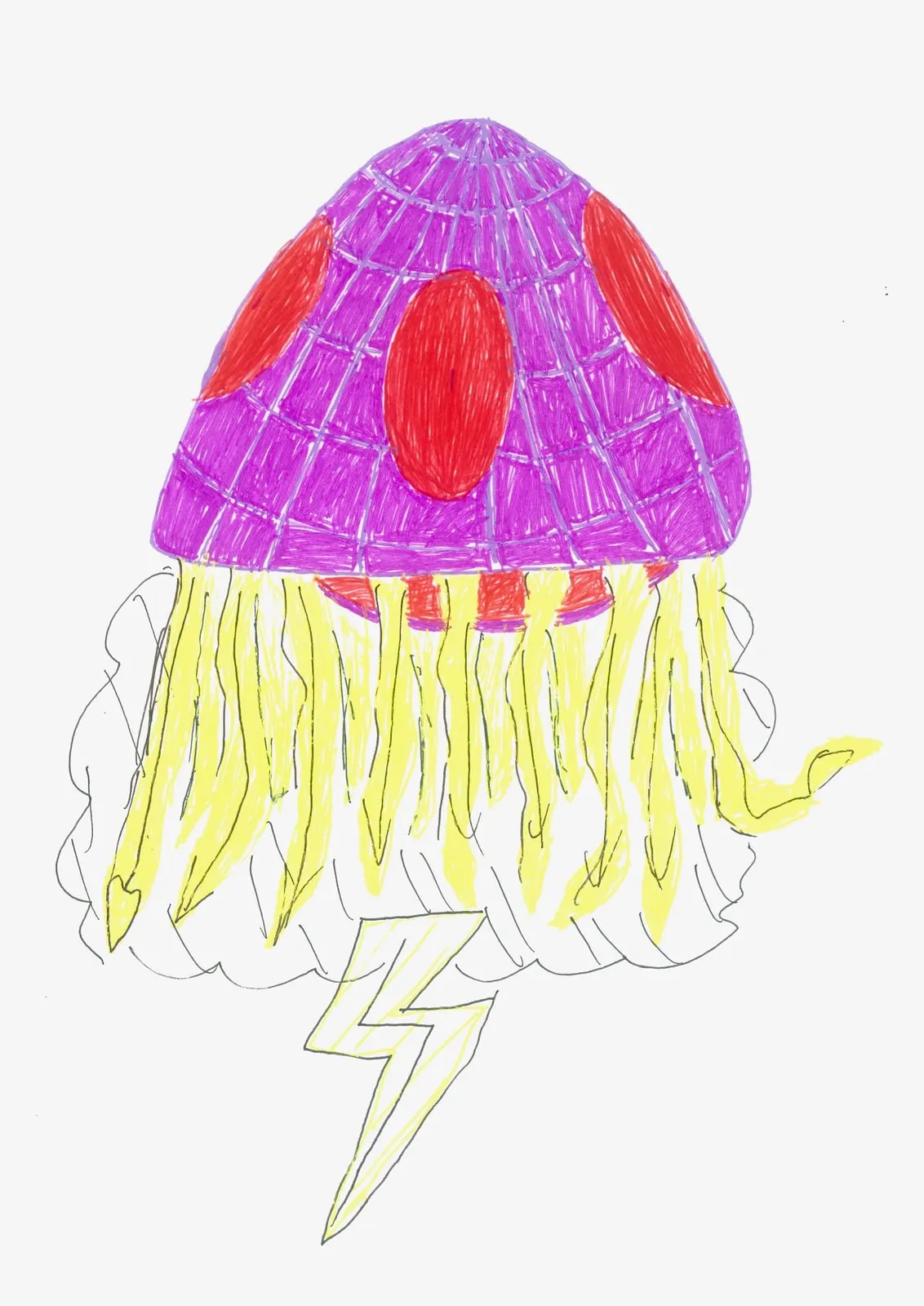 A purple mushroom-shaped alien with red eyes, dangling yellow tentacles and a lightning bolt.