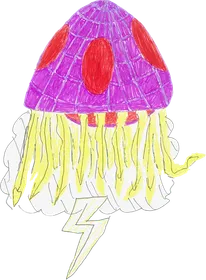 A purple mushroom-shaped alien with red eyes, dangling yellow tentacles and a lightning bolt.