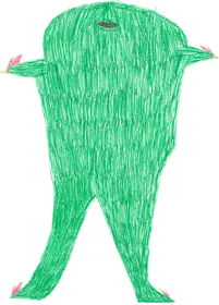 A tall green alien drawn in dense crayon strokes, with one small eye and short arms.