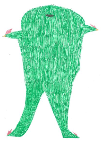 A tall green alien drawn in dense crayon strokes, with one small eye and short arms.