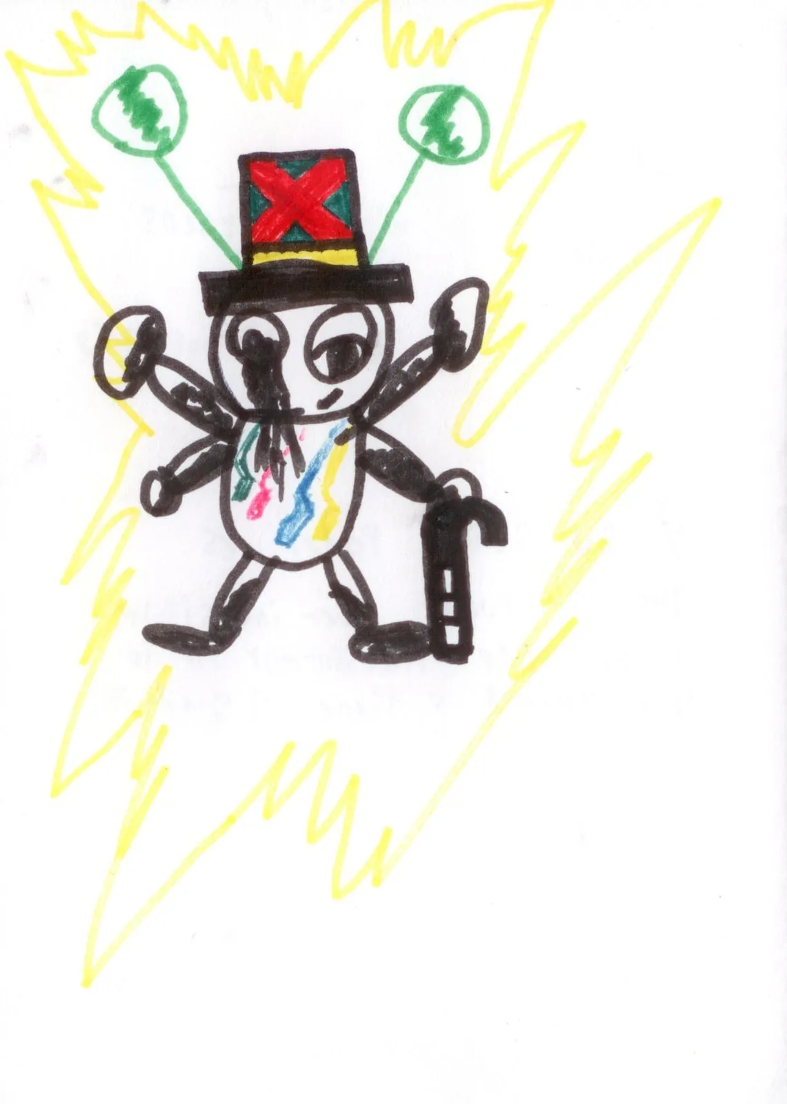A black ink alien with antennae and a top hat marked with a red cross, surrounded by yellow zigzag lines.