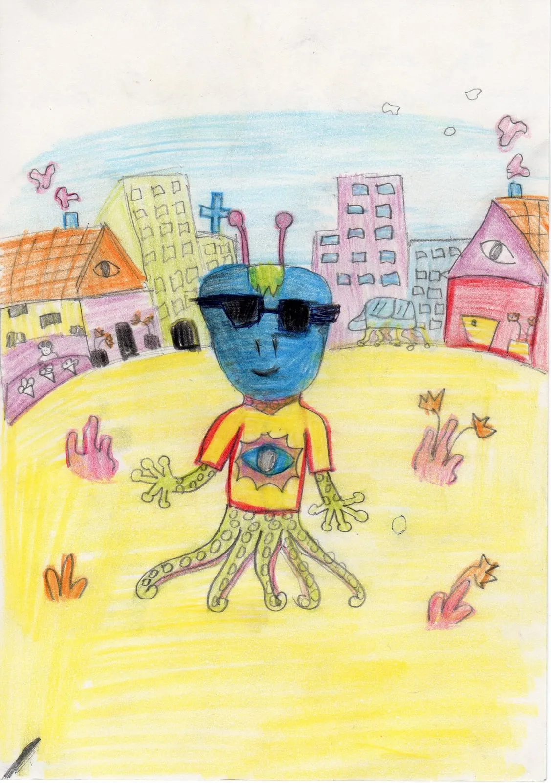 A blue alien with sunglasses and tentacle legs standing in a yellow field in front of houses.