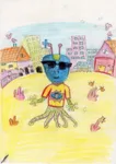 A blue alien with sunglasses and tentacle legs standing in a yellow field in front of houses.