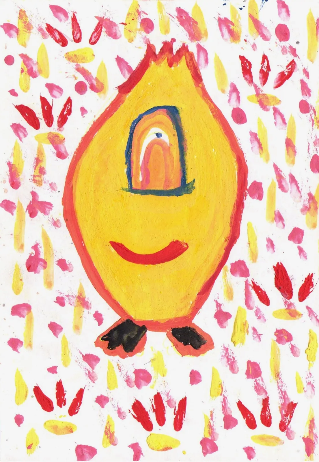 An orange flame-shaped alien with one eye and a smile, surrounded by red marks.
