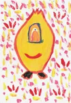 An orange flame-shaped alien with one eye and a smile, surrounded by red marks.