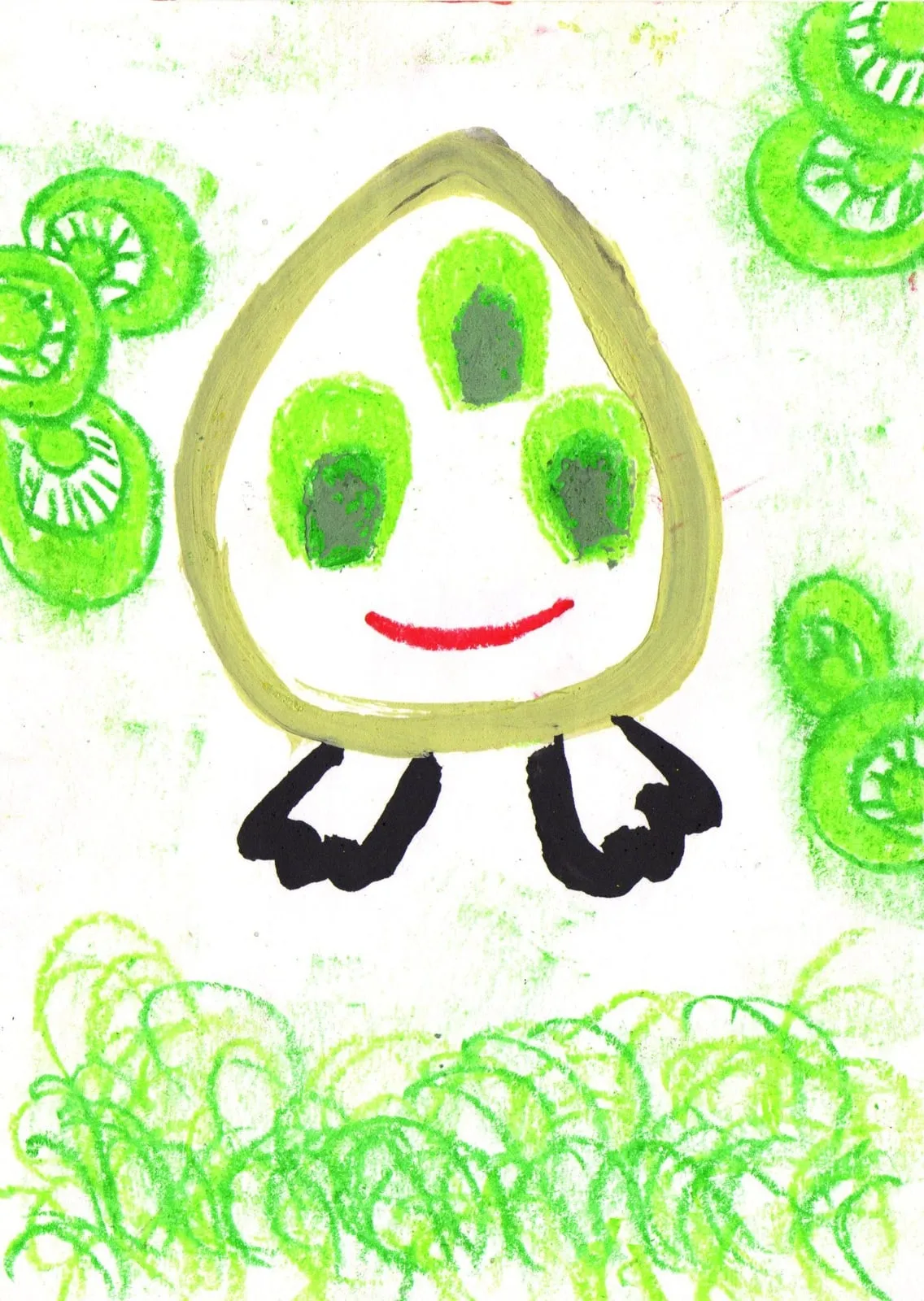 A pale green alien with three dark eyes and a red smile, surrounded by green spirals.