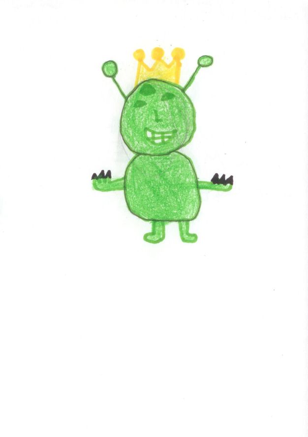 A small green alien wearing a yellow crown, drawn in the middle of a white page.