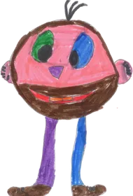 A round pink and brown alien head with mismatched eyes and a wide smile, on purple and blue legs.