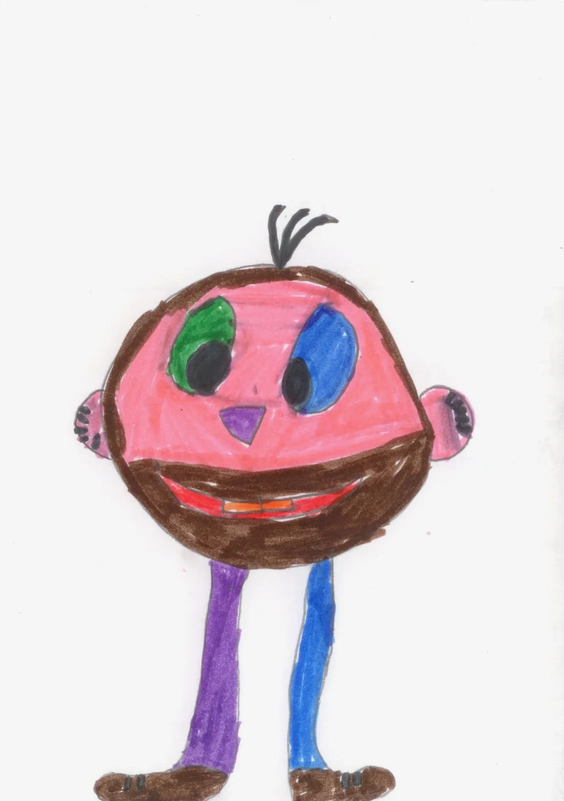 A round pink and brown alien head with mismatched eyes and a wide smile, on purple and blue legs.