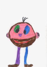 A round pink and brown alien head with mismatched eyes and a wide smile, on purple and blue legs.
