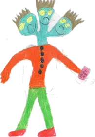 An alien with three green heads and spiky hair, an orange shirt and green trousers, holding a phone.