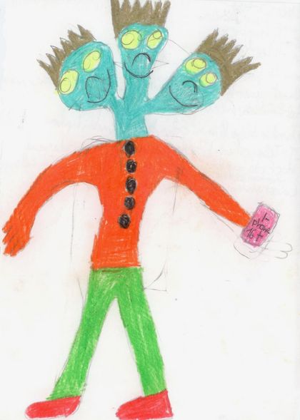 An alien with three green heads and spiky hair, an orange shirt and green trousers, holding a phone.