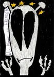 A black and white alien head with long antennae, beside the handwritten German words Wir kommen in Frieden.