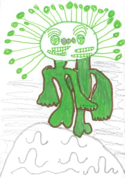 A green alien with spiky antennae and a wide toothy grin, standing on a rock.
