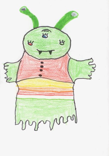 A green alien with antennae, one eye and fangs, wearing a striped dress.