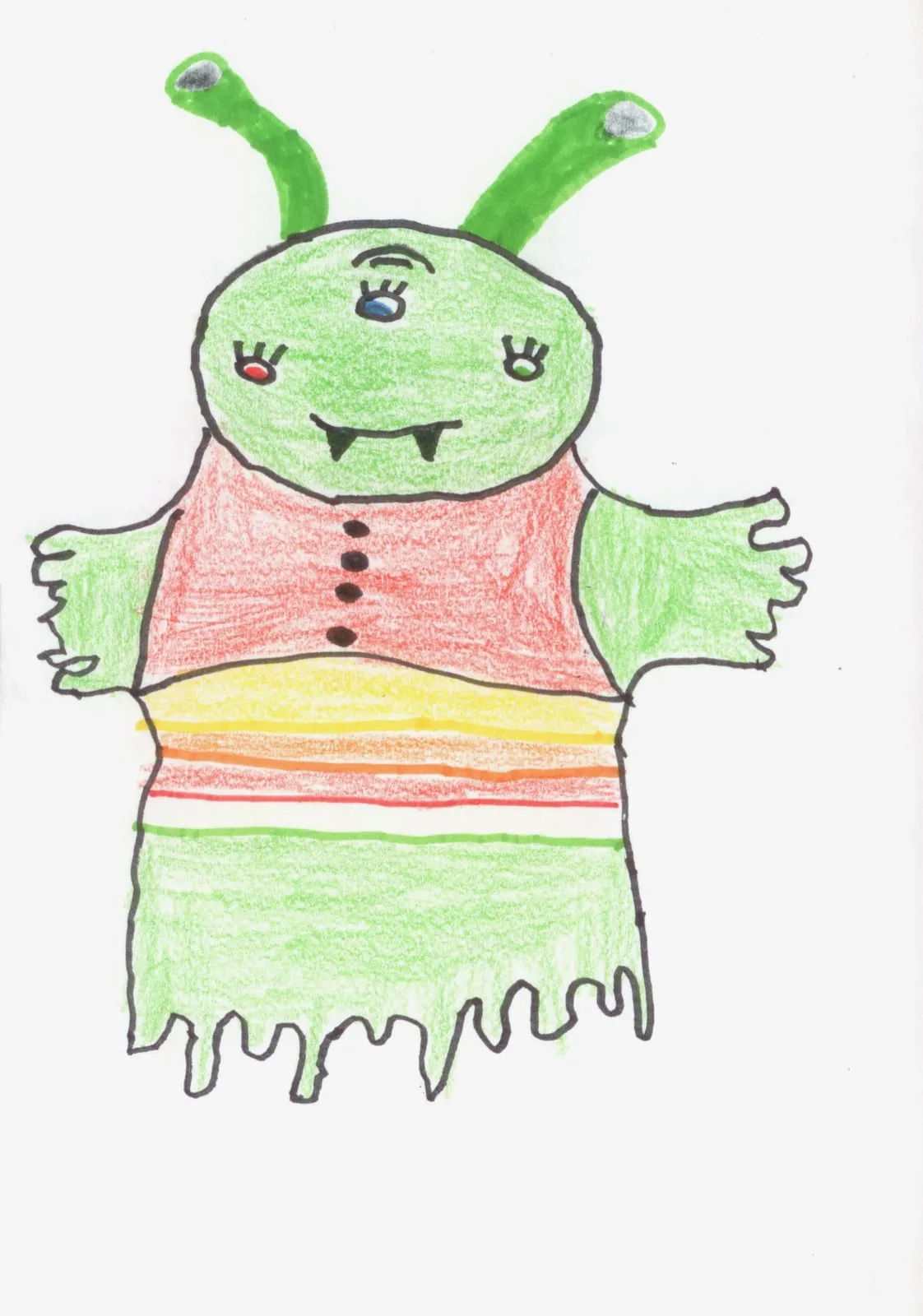 A green alien with antennae, one eye and fangs, wearing a striped dress.