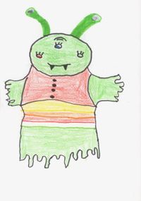 A green alien with antennae, one eye and fangs, wearing a striped dress.