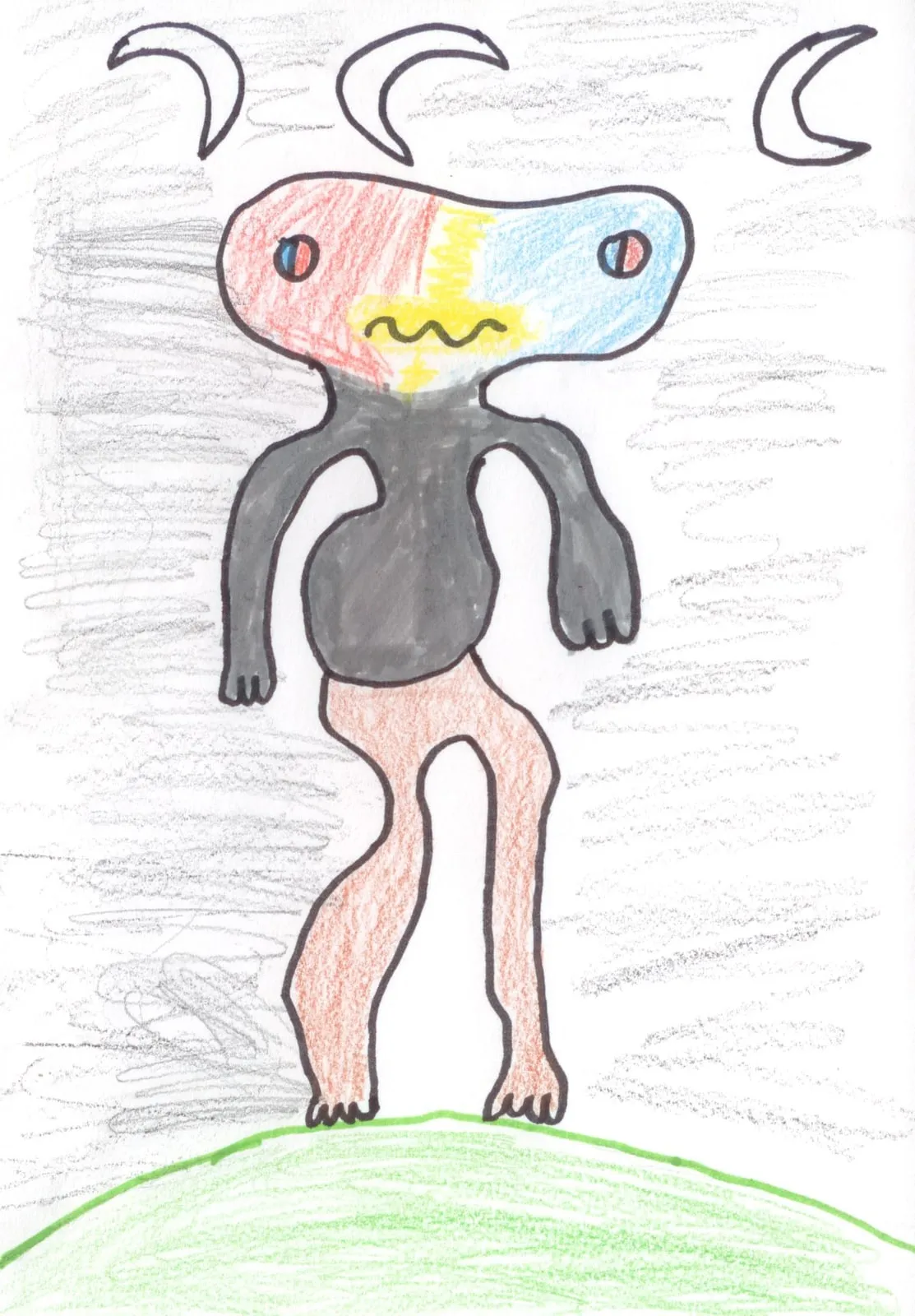 A grey alien with a striped face, horns and bare pink legs, under two crescent moons.