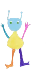 A blue-headed alien with antennae and a yellow body, standing on orange and purple legs.