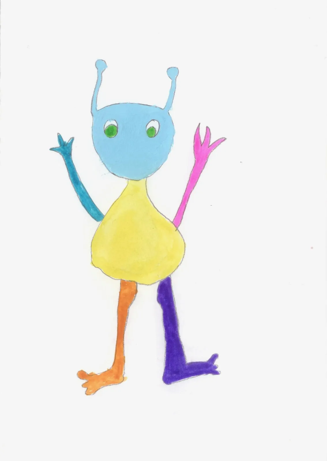 A blue-headed alien with antennae and a yellow body, standing on orange and purple legs.