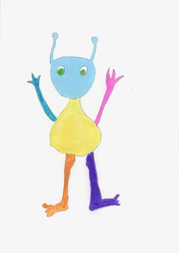 A blue-headed alien with antennae and a yellow body, standing on orange and purple legs.
