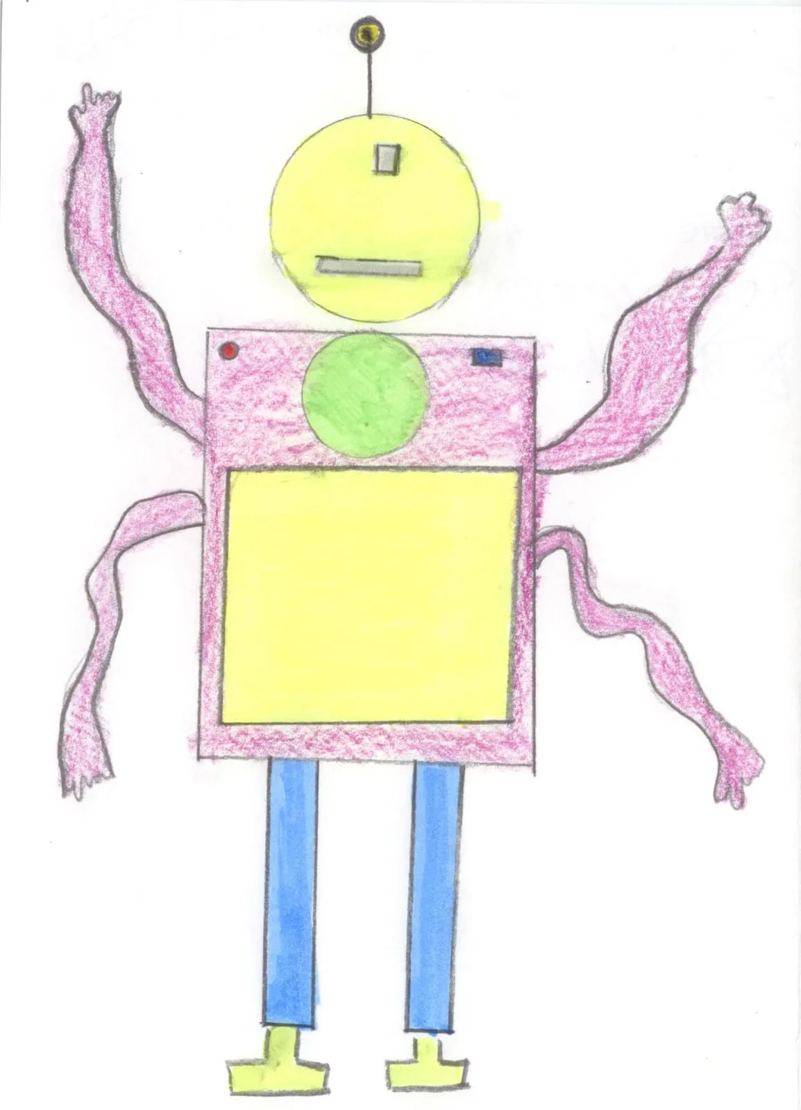 A robot-like alien with a yellow head, a yellow square body and pink wavy arms.