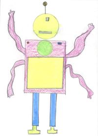 A robot-like alien with a yellow head, a yellow square body and pink wavy arms.