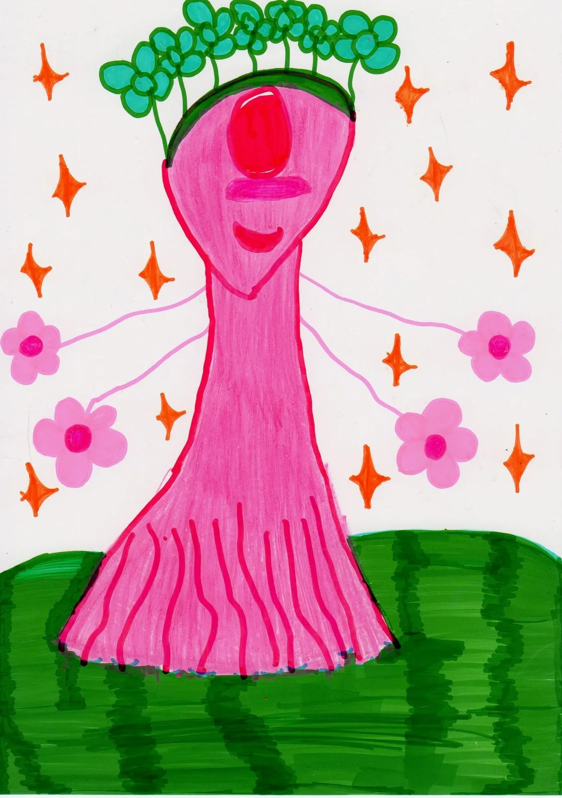 A tall pink alien with a flower crown and one eye, standing on green ground among pink flowers and orange stars.