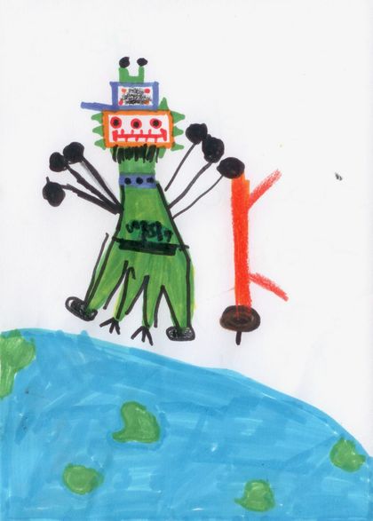A green alien with many arms and a patterned head, standing on a blue planet beside a red post.