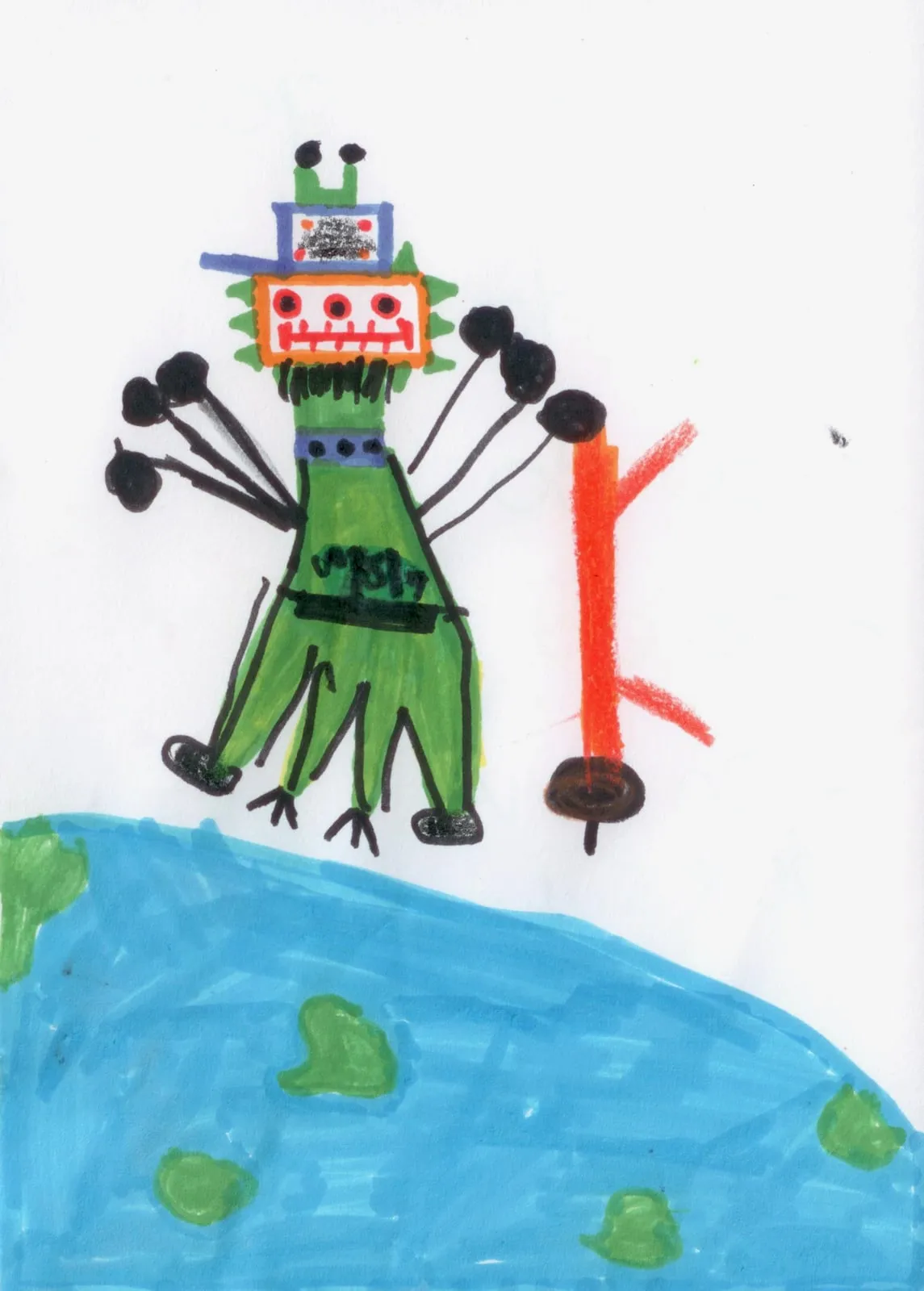 A green alien with many arms and a patterned head, standing on a blue planet beside a red post.