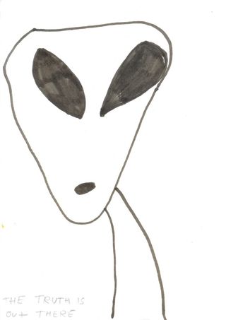 A pen drawing of a pale alien head with large dark eyes and a small mouth, with the handwritten words The truth is out there at the bottom.