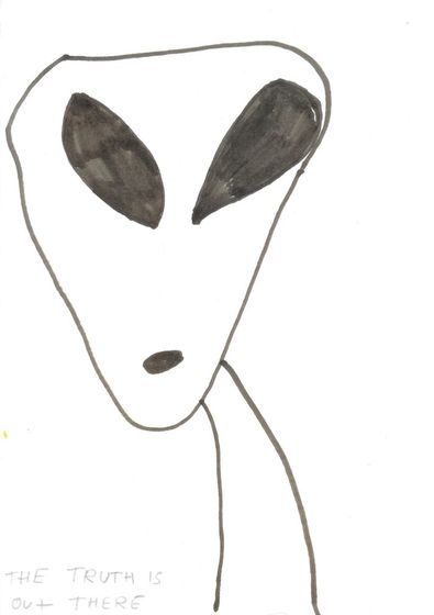 A pen drawing of a pale alien head with large dark eyes and a small mouth, with the handwritten words The truth is out there at the bottom.
