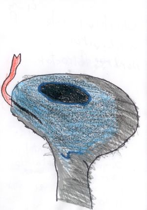 A grey alien head with a dark hole on top and a pink tail, drawn in pencil and crayon.