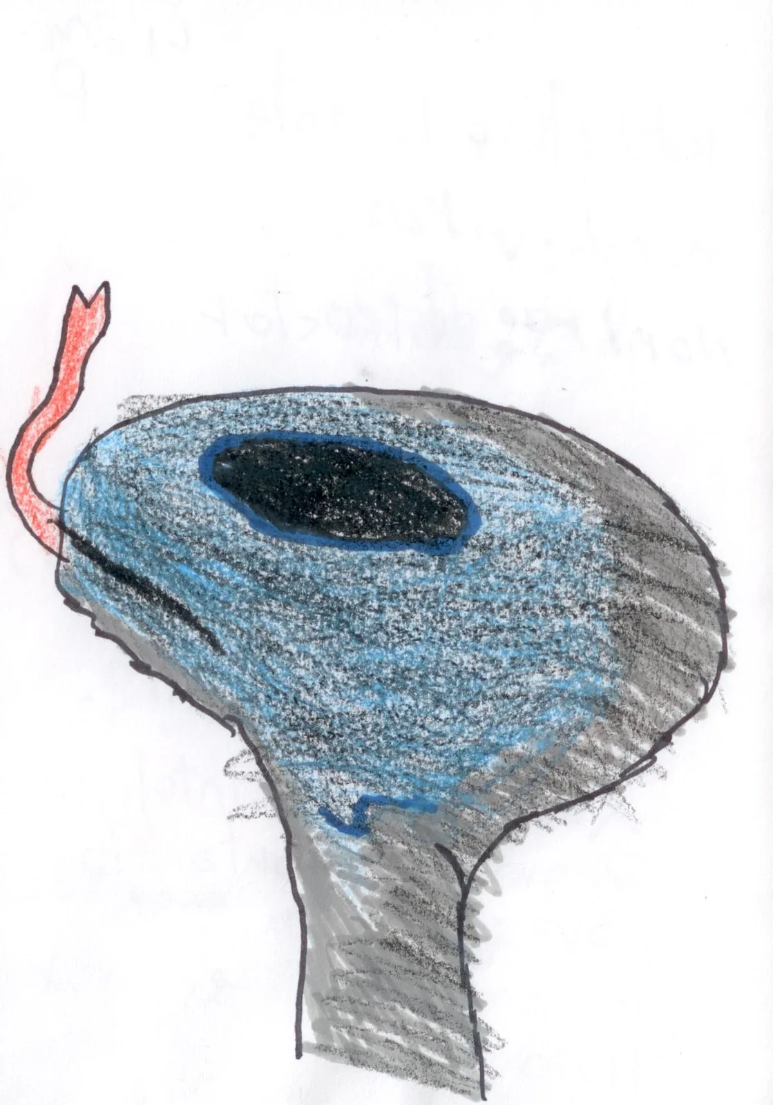 A grey alien head with a dark hole on top and a pink tail, drawn in pencil and crayon.