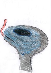 A grey alien head with a dark hole on top and a pink tail, drawn in pencil and crayon.