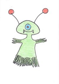 A pale green alien with one eye, red-tipped antennae and a fringed skirt.