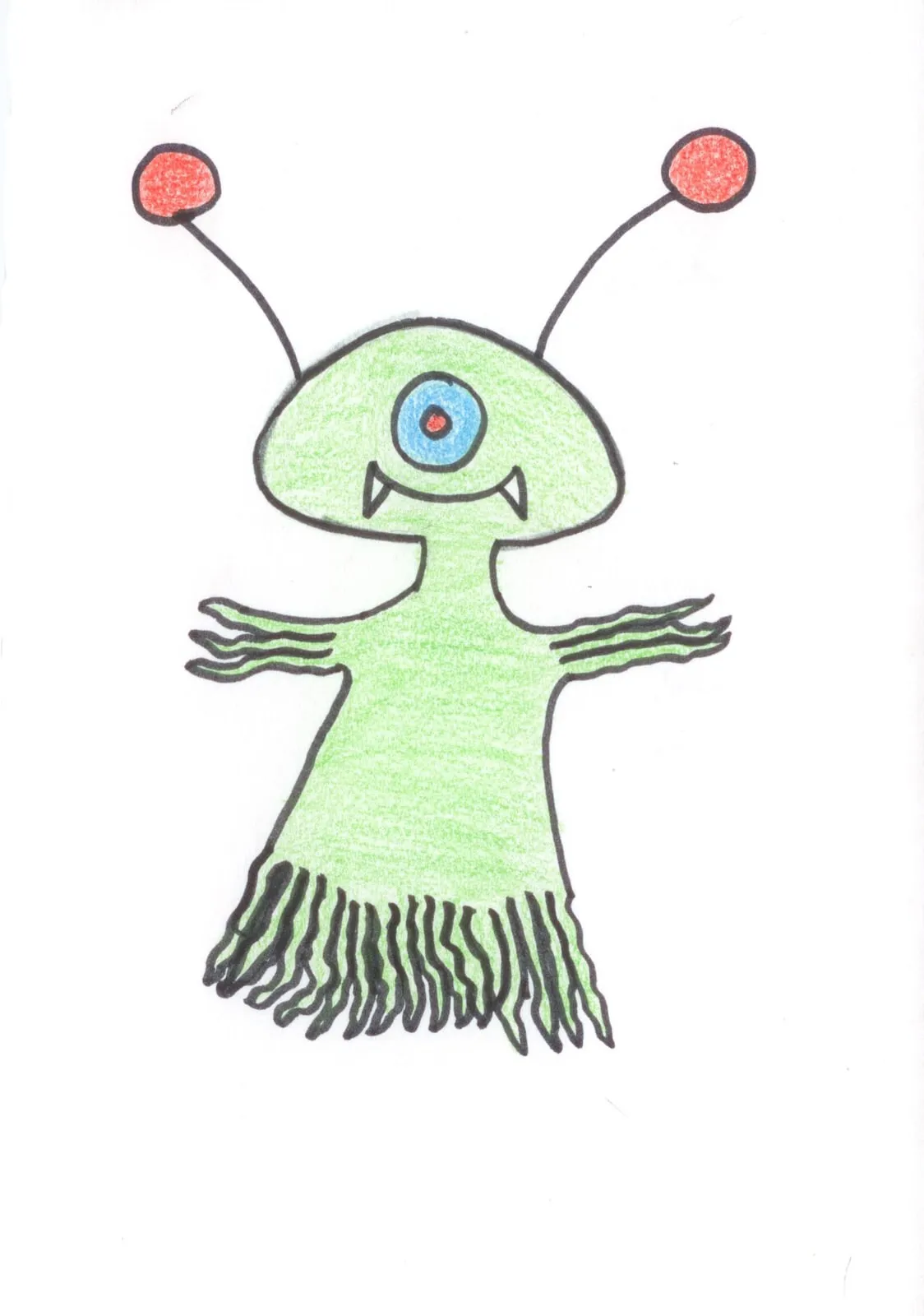 A pale green alien with one eye, red-tipped antennae and a fringed skirt.