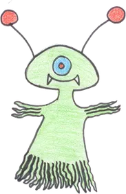 A pale green alien with one eye, red-tipped antennae and a fringed skirt.