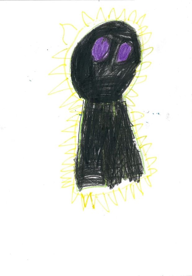 A black keyhole-shaped figure with purple eyes, outlined in yellow.