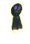 A black keyhole-shaped figure with purple eyes, outlined in yellow.