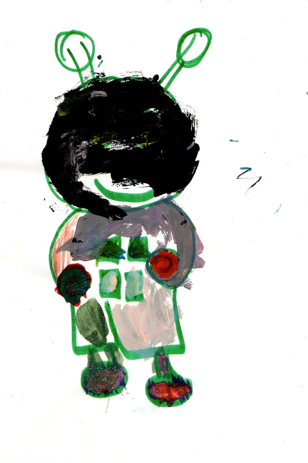 A black shaggy alien with green antennae and a patterned body.