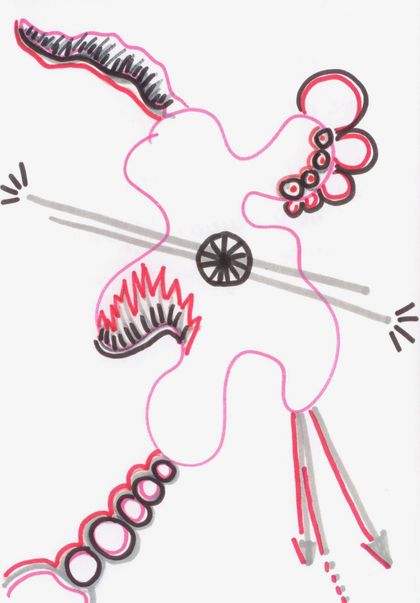 A long pink outlined alien with rows of circles, spiky jaws and a wheel.