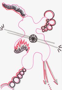A long pink outlined alien with rows of circles, spiky jaws and a wheel.
