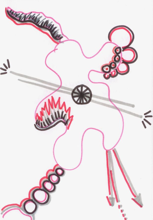 A long pink outlined alien with rows of circles, spiky jaws and a wheel.