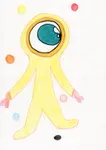 A tall yellow alien with one large blue eye and long arms, among small coloured dots.